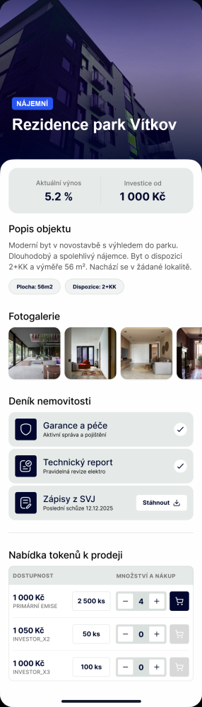 Detail nemovitosti s nadpisem, fotogalerií, popisem a nabídkou tokenů