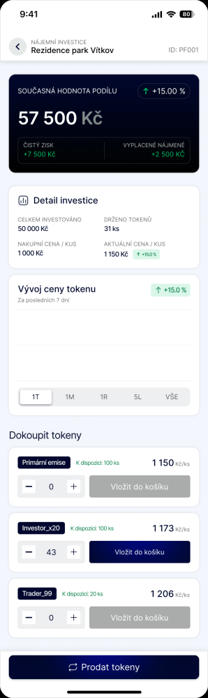 Obrazovka obchodování s grafem ceny tokenu a nabídkou k nákupu i prodeji